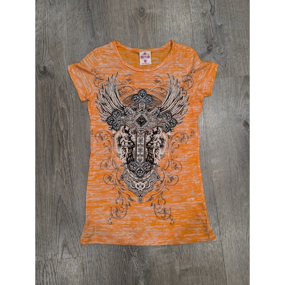 Petrol Jeans Vintage Y2K Orange Burnout Gothic Cross Wings Graphic Tee NWOT M
